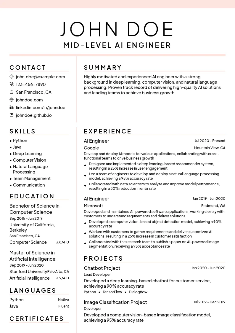 Mid-Level AI Engineer resume example