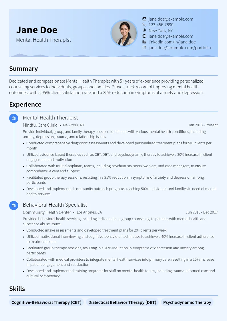 Mental Health Therapist resume example