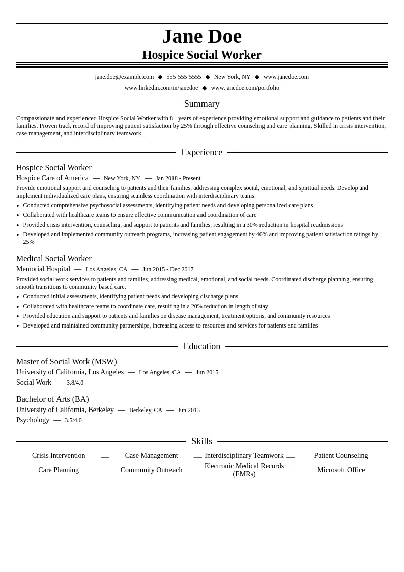 Hospice Social Worker resume example