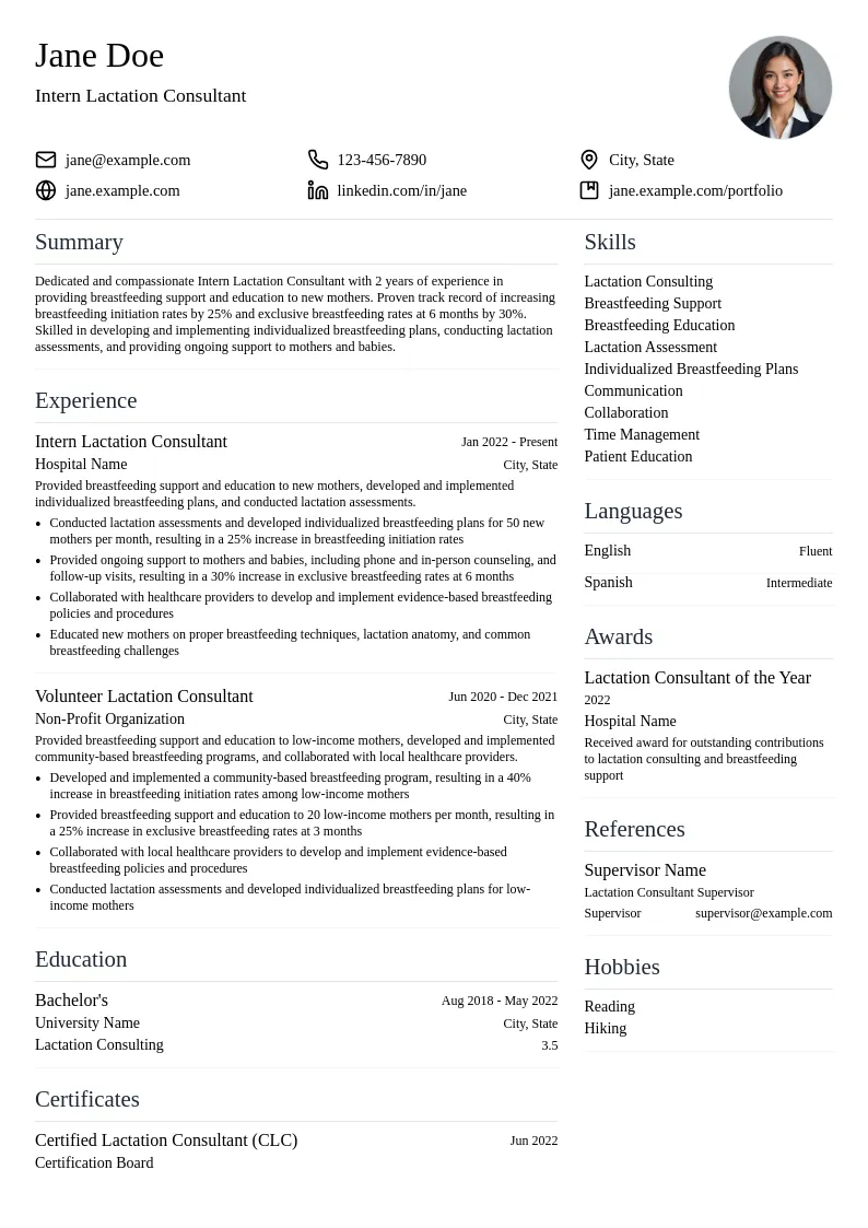 Intern Lactation Consultant resume example