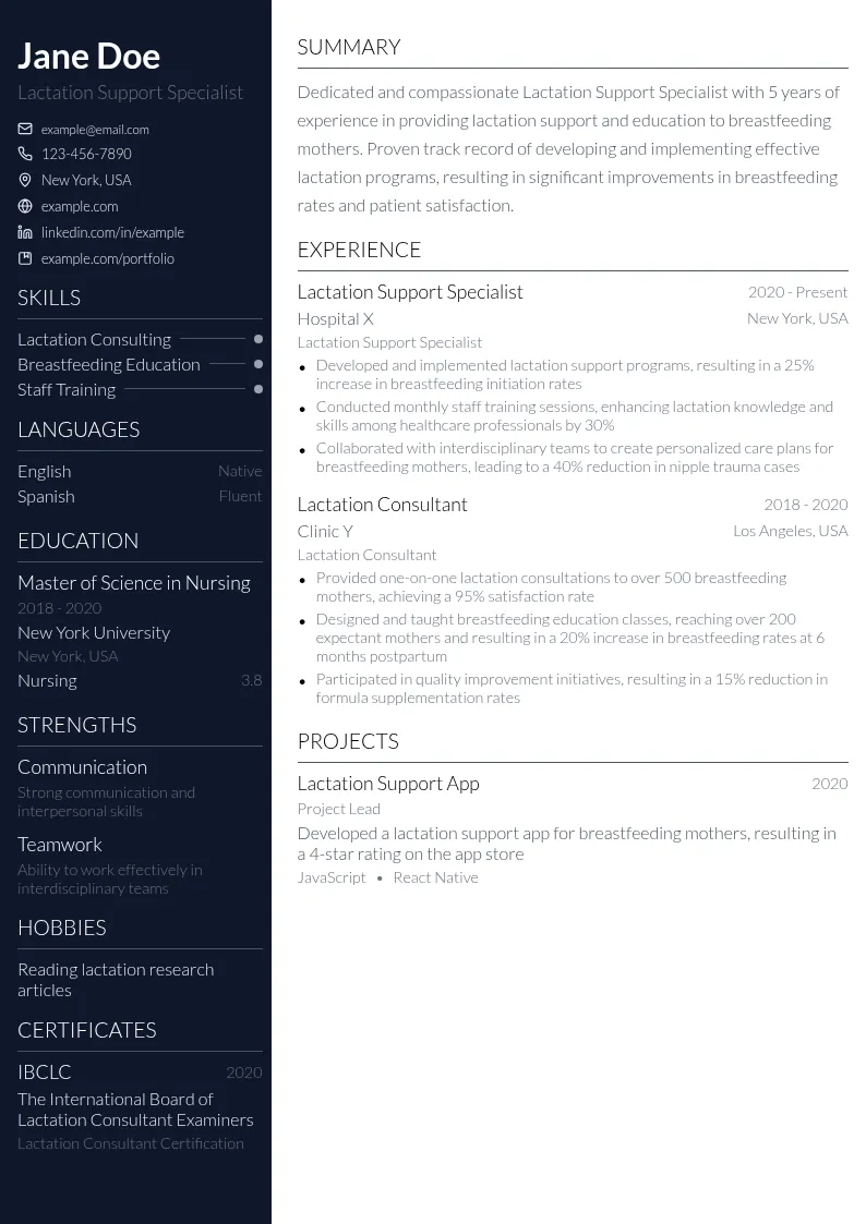 Lactation Support Specialist resume example