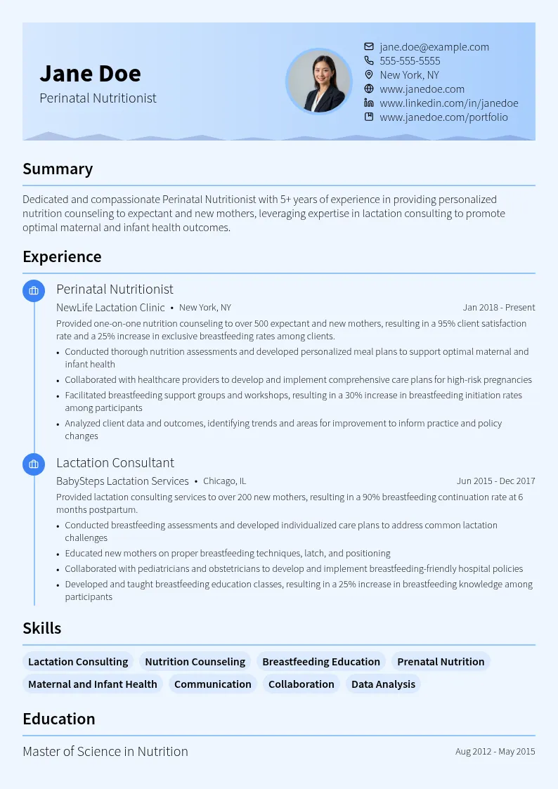 Perinatal Nutritionist resume example