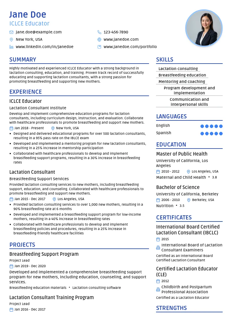 ICLCE (International Board Certified Lactation Consultant) Educator resume example