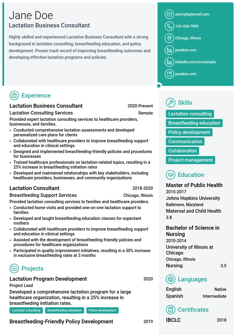 Lactation Business Consultant resume example