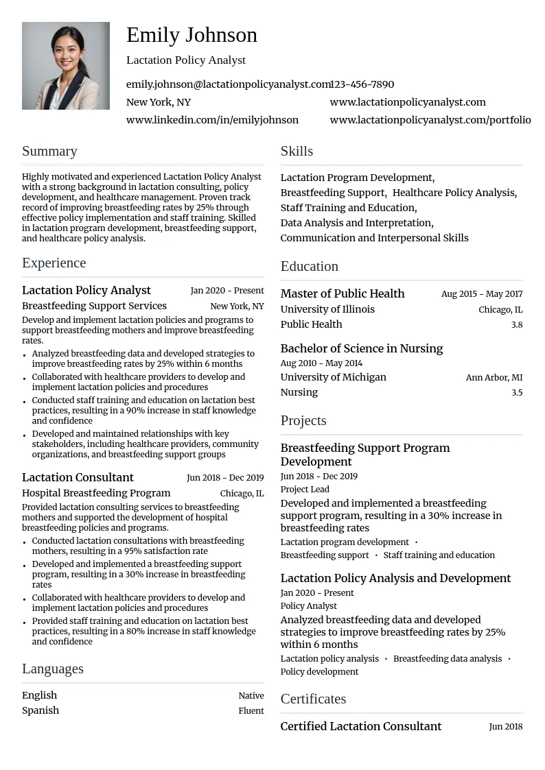 Lactation Policy Analyst resume example