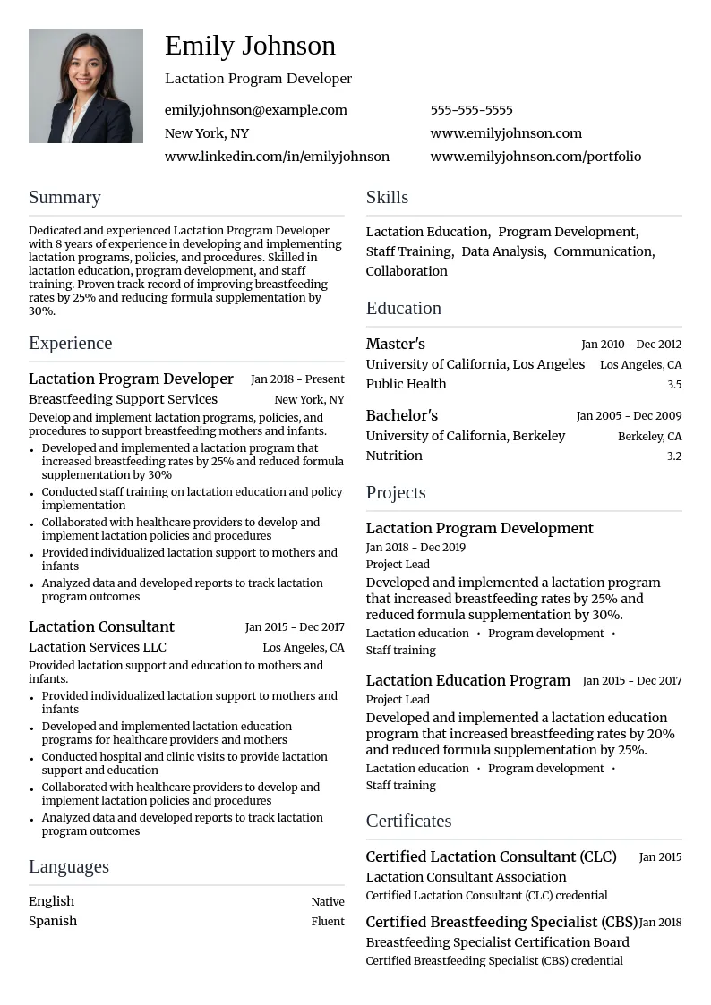 Lactation Program Developer resume example