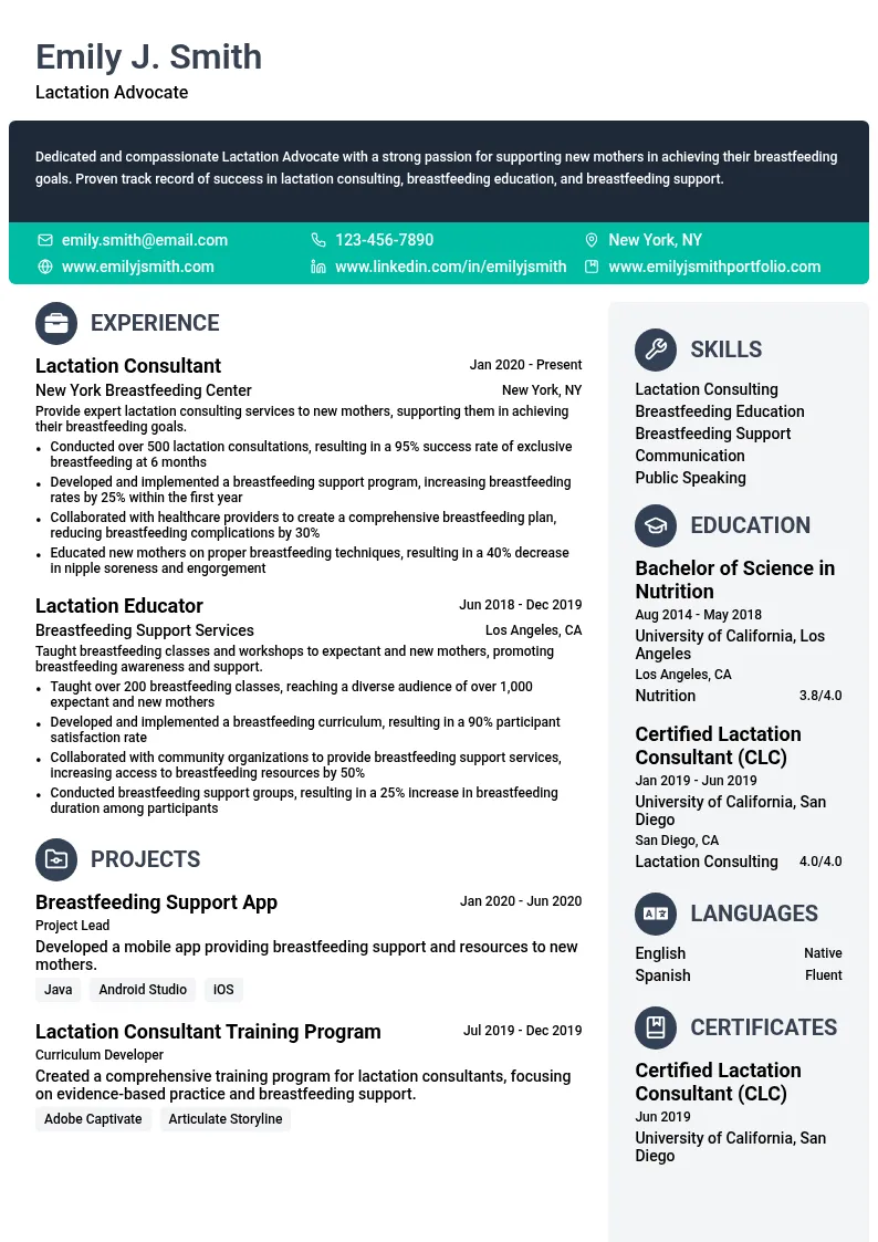Lactation Advocate resume example