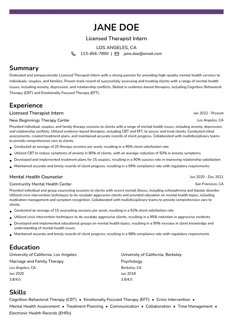 Licensed Therapist Intern resume example