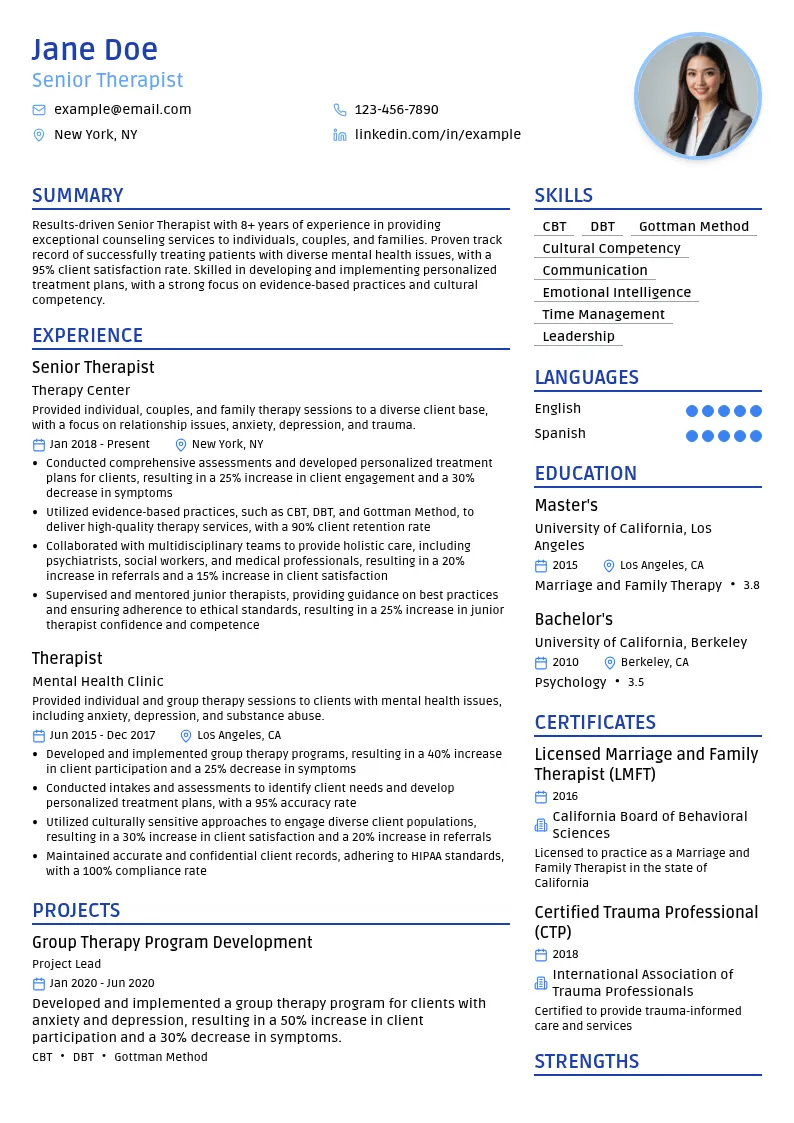 Senior Therapist resume example