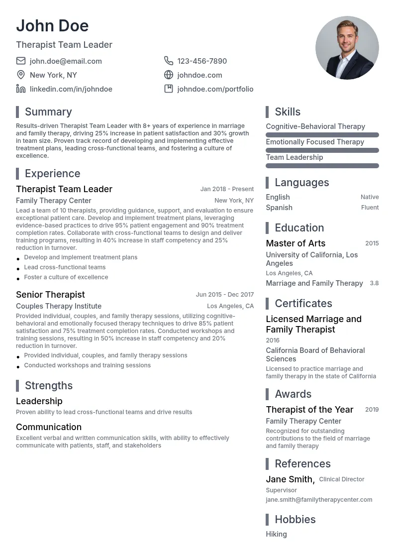 Therapist Team Leader resume example