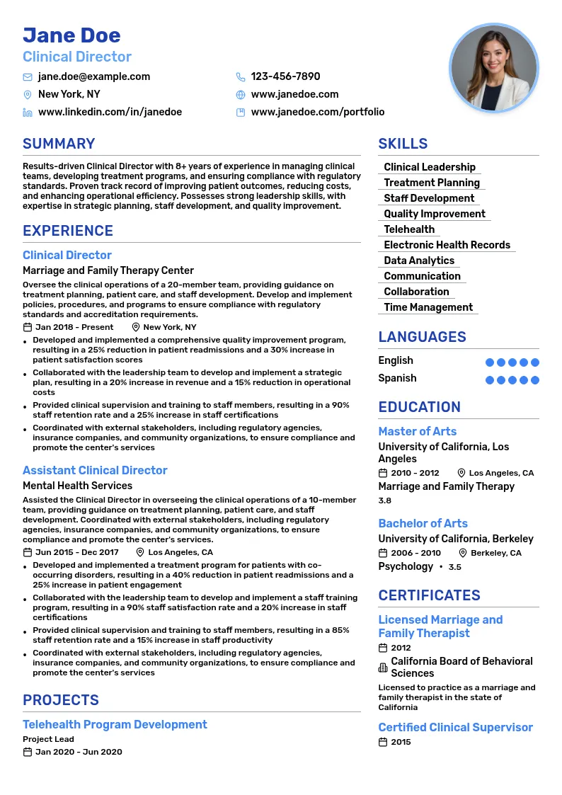Clinical Director resume example