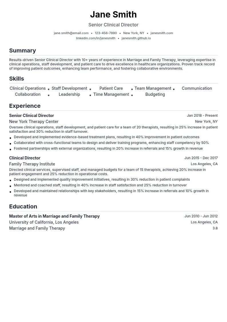 Senior Clinical Director resume example