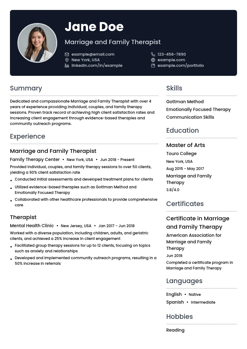 Marriage & Family Therapist resume example