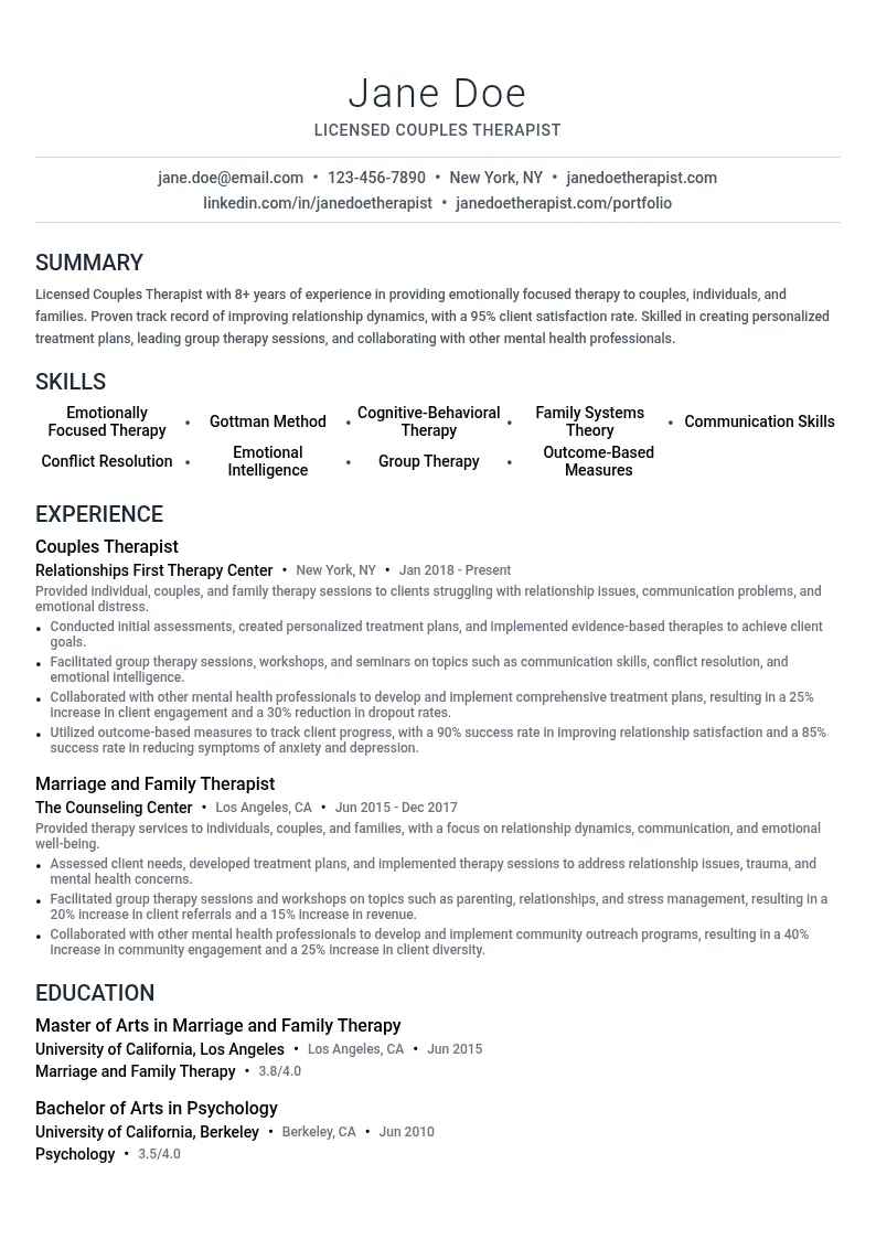 Couples Therapist resume example