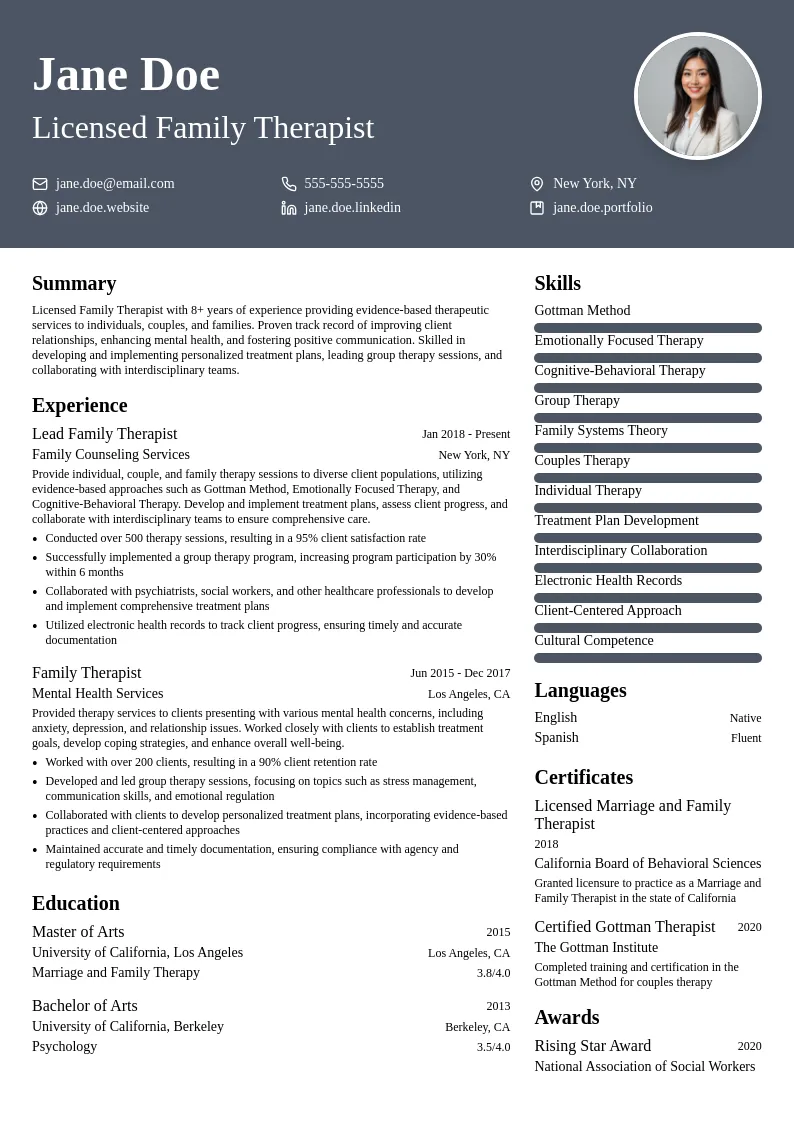 Family Therapist resume example