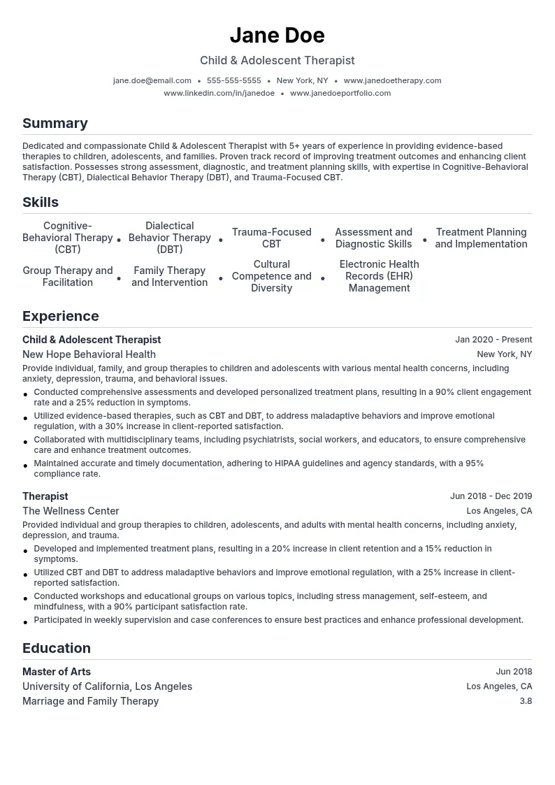Child & Adolescent Therapist resume example