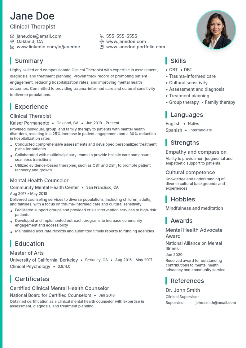 Clinical Therapist resume example
