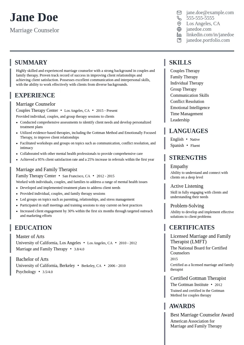 Marriage Counselor resume example