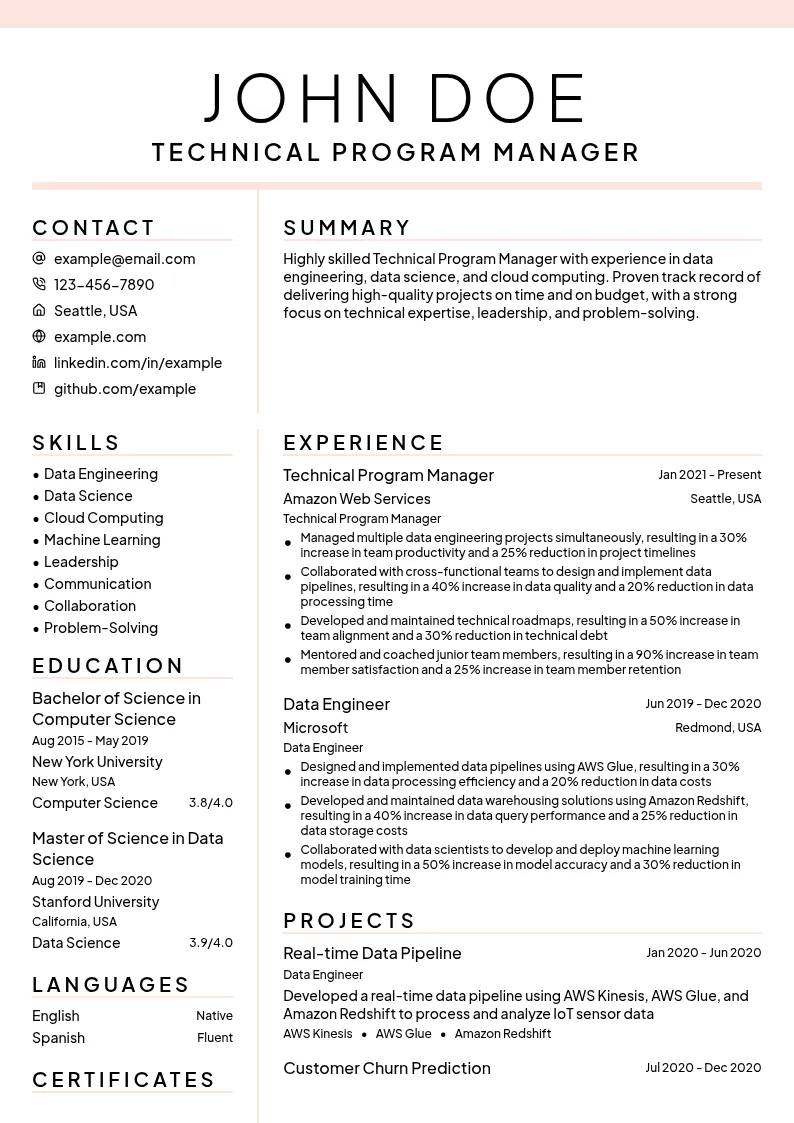 Technical Program Manager resume example