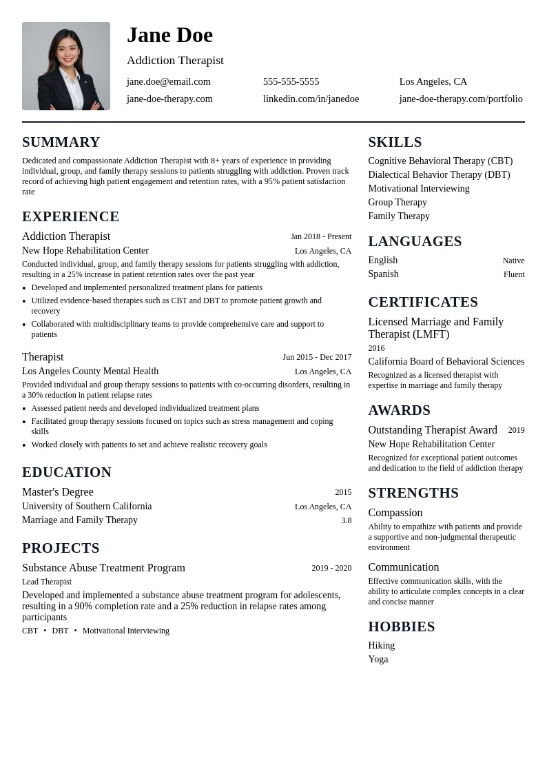 Addiction Therapist resume example