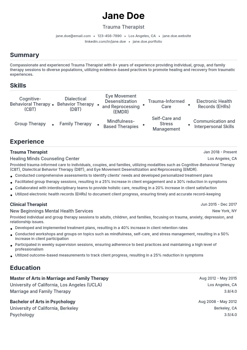 Trauma Therapist resume example