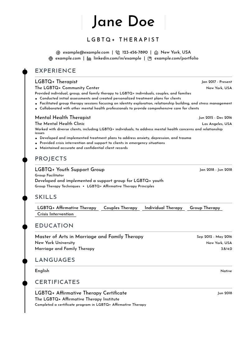LGBTQ+ Therapist resume example