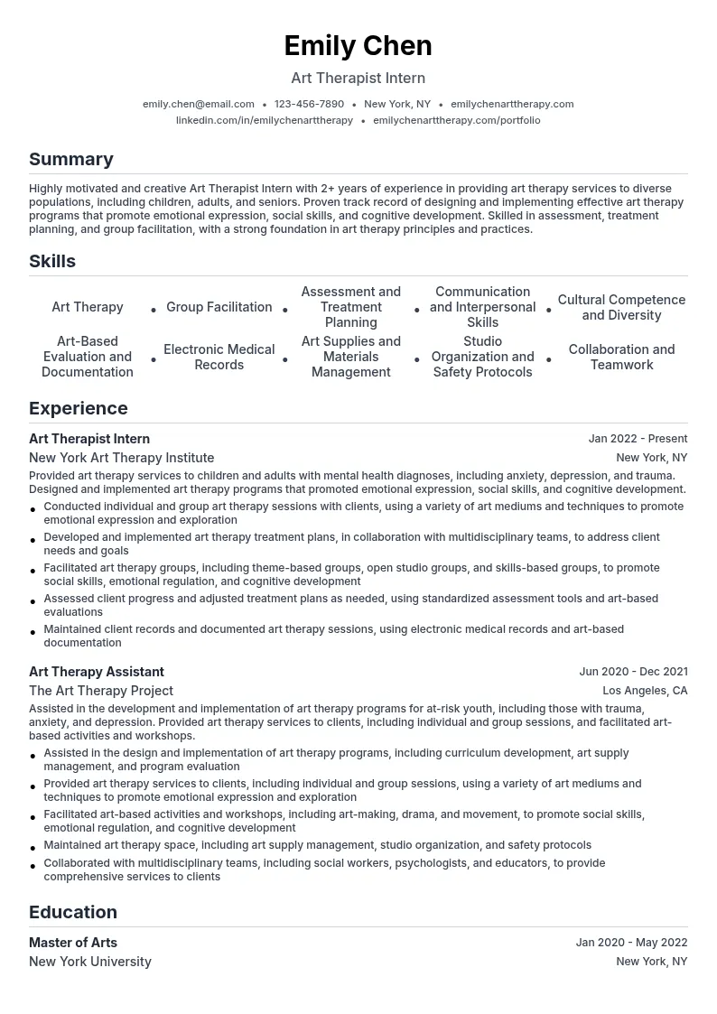 Art Therapist Intern resume example