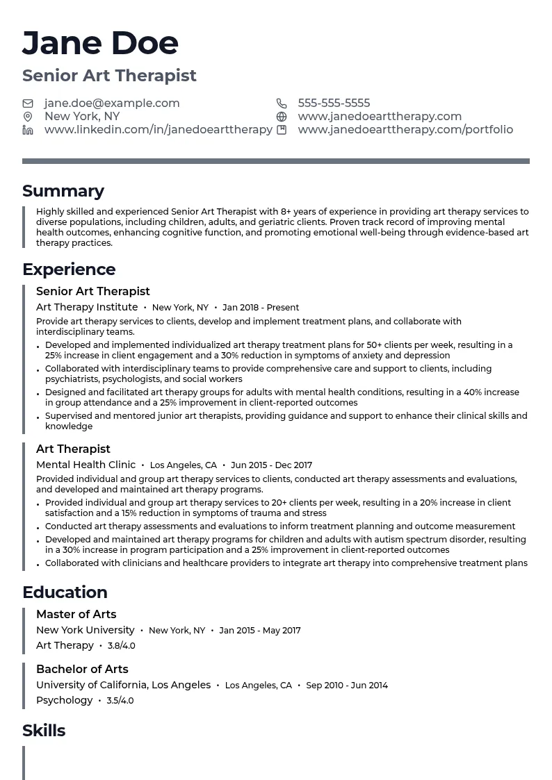 Senior Art Therapist resume example