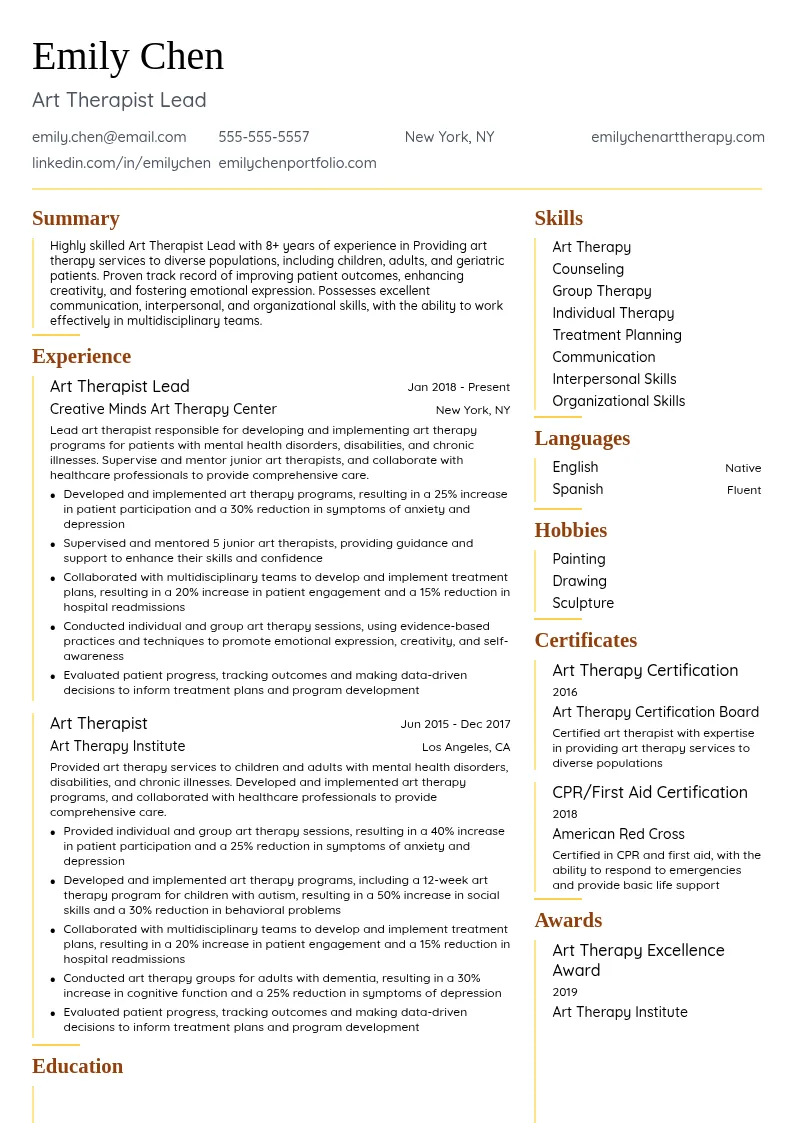 Art Therapist Lead resume example
