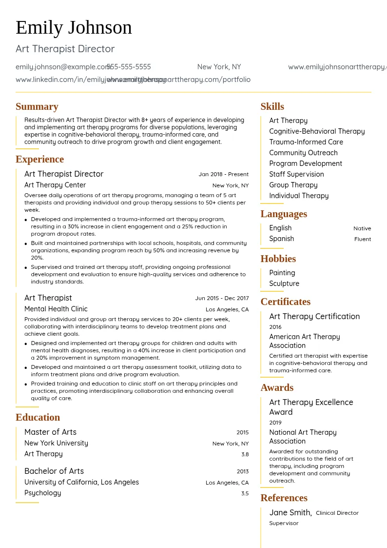 Art Therapist Director resume example