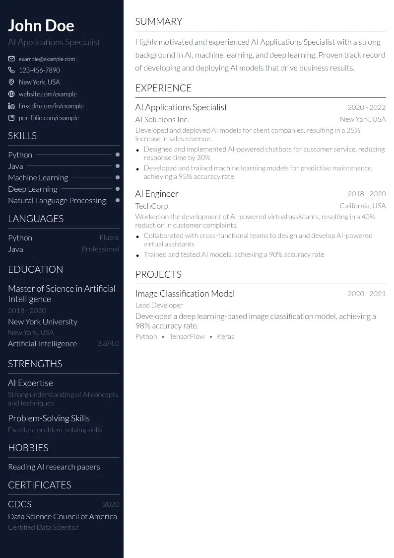 AI Applications Specialist resume example