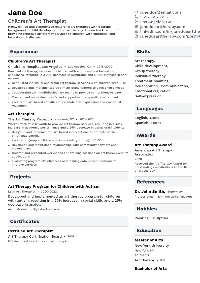 Children's Art Therapist resume example