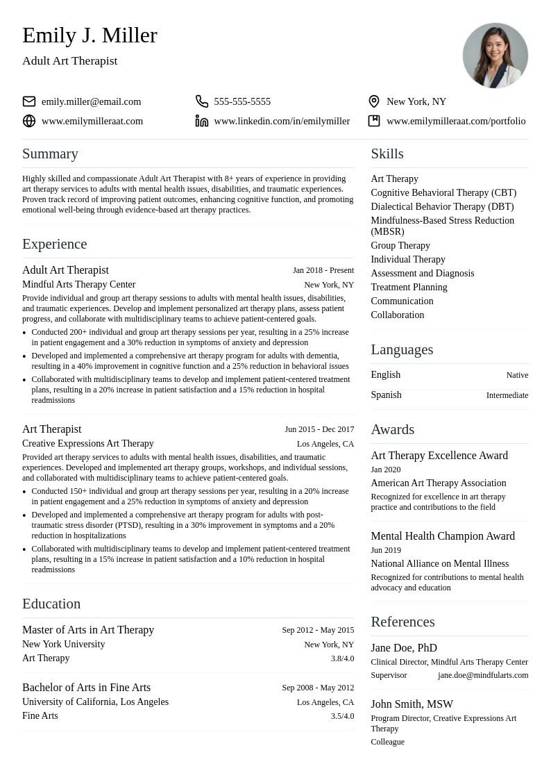 Adult Art Therapist resume example