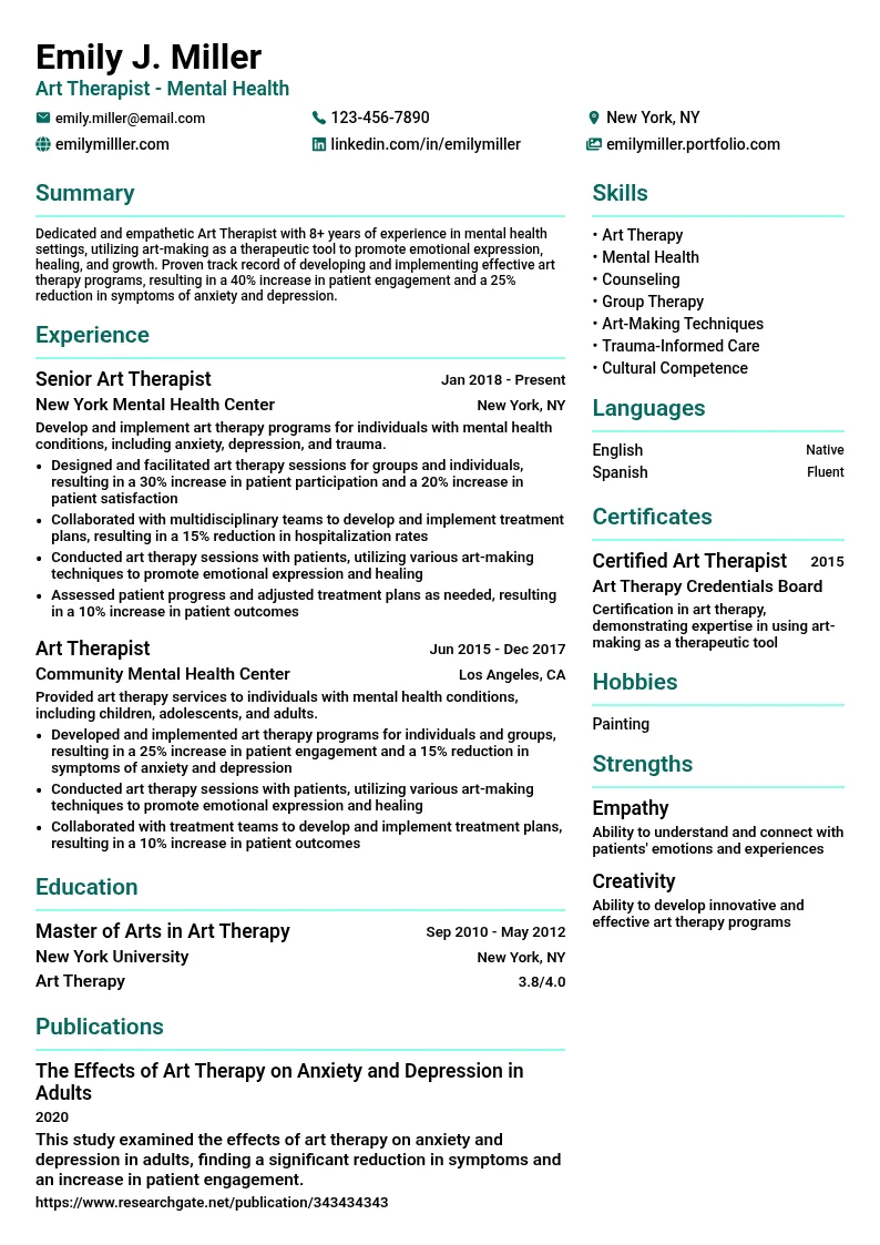 Art Therapist - Mental Health resume example