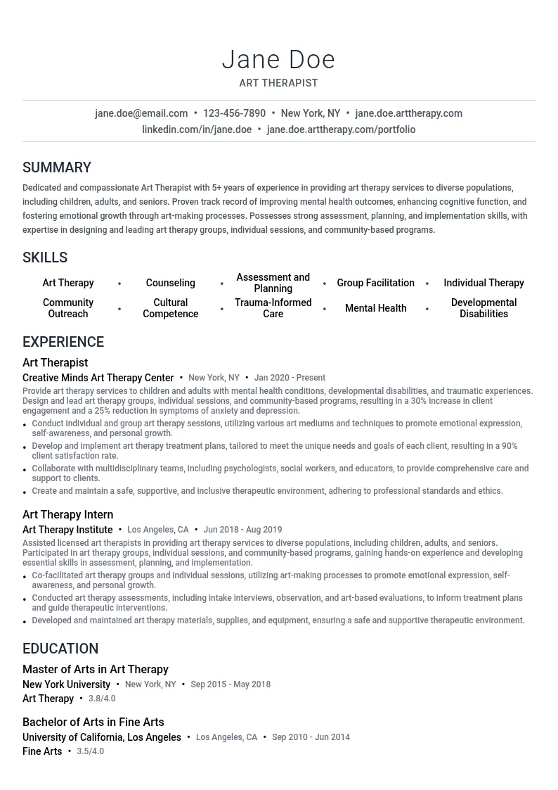 Art Therapist - Education resume example