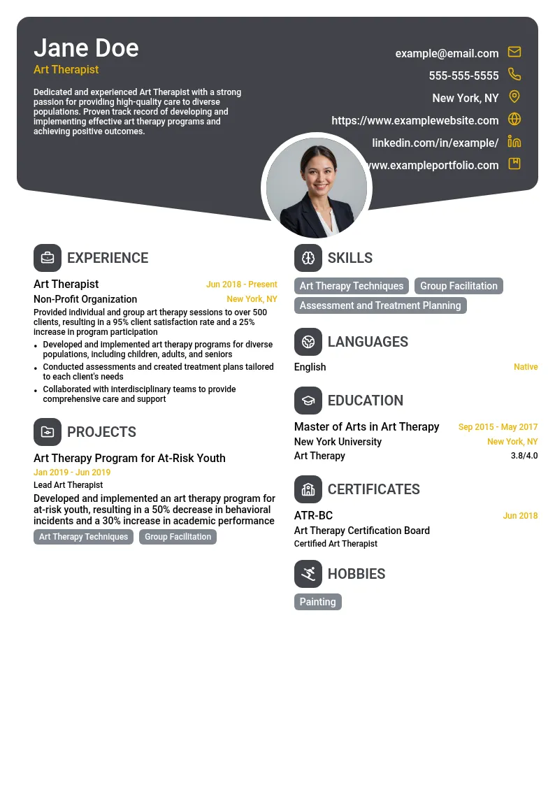 Art Therapist - Non-Profit resume example