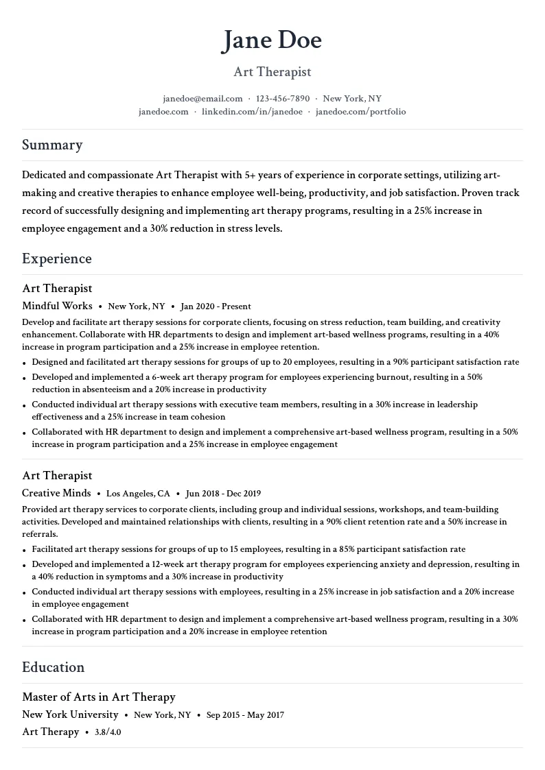 Art Therapist - Corporate resume example