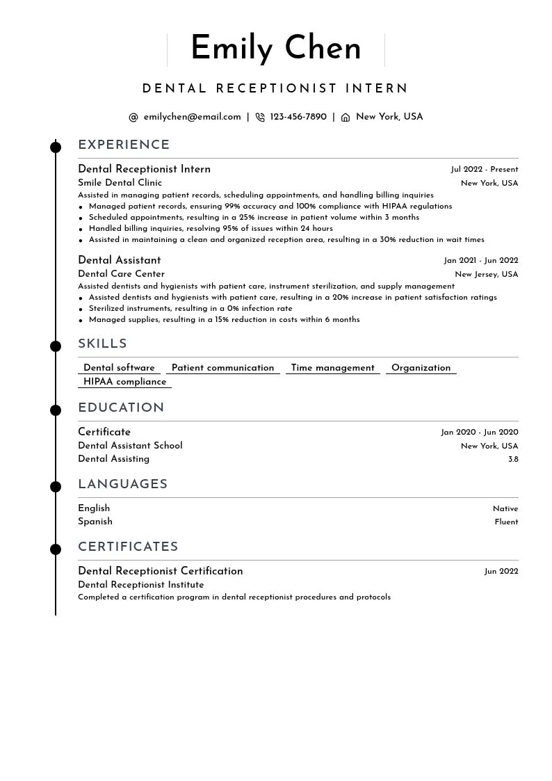 Dental Receptionist Intern resume example