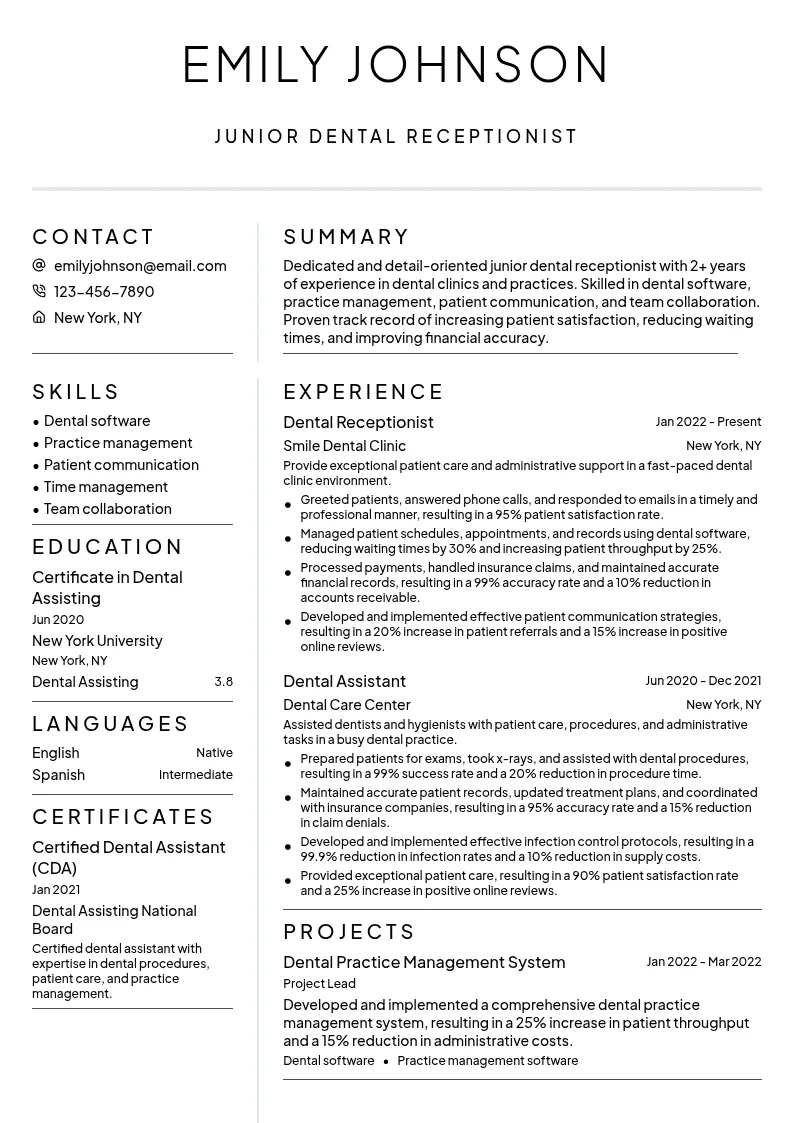 Junior Dental Receptionist resume example
