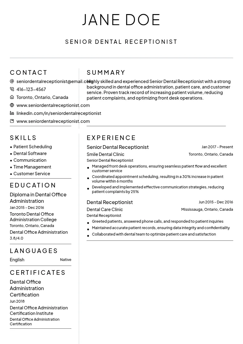 Senior Dental Receptionist resume example