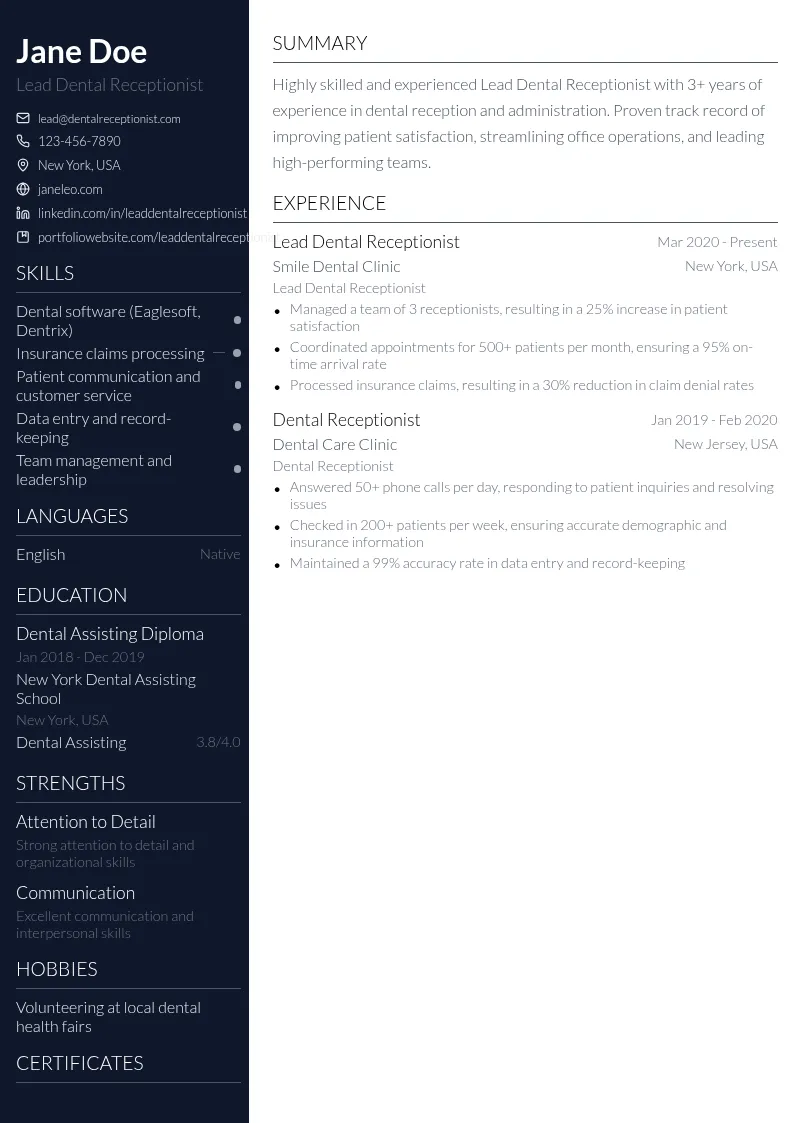 Lead Dental Receptionist resume example