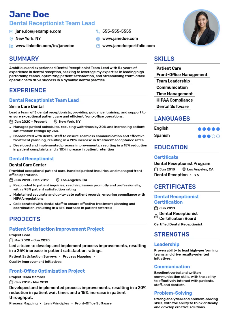 Dental Receptionist Team Lead resume example