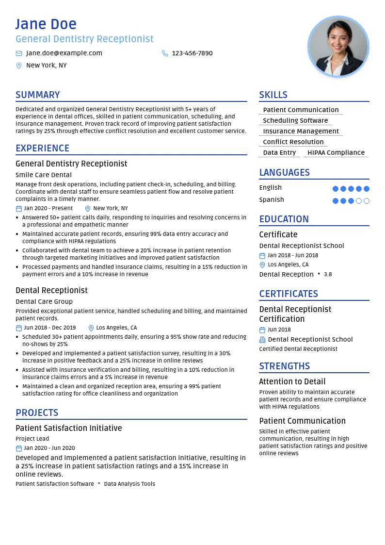 General Dentistry Receptionist resume example