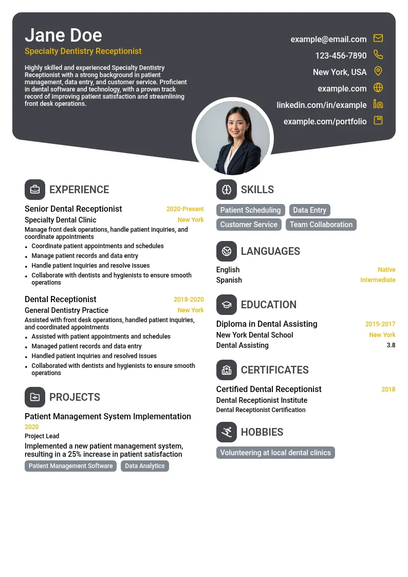 Specialty Dentistry Receptionist resume example
