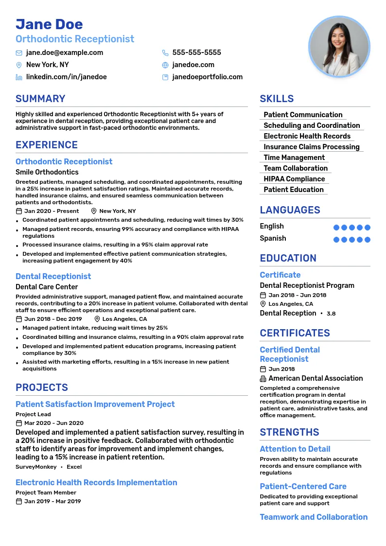 Orthodontic Receptionist resume example