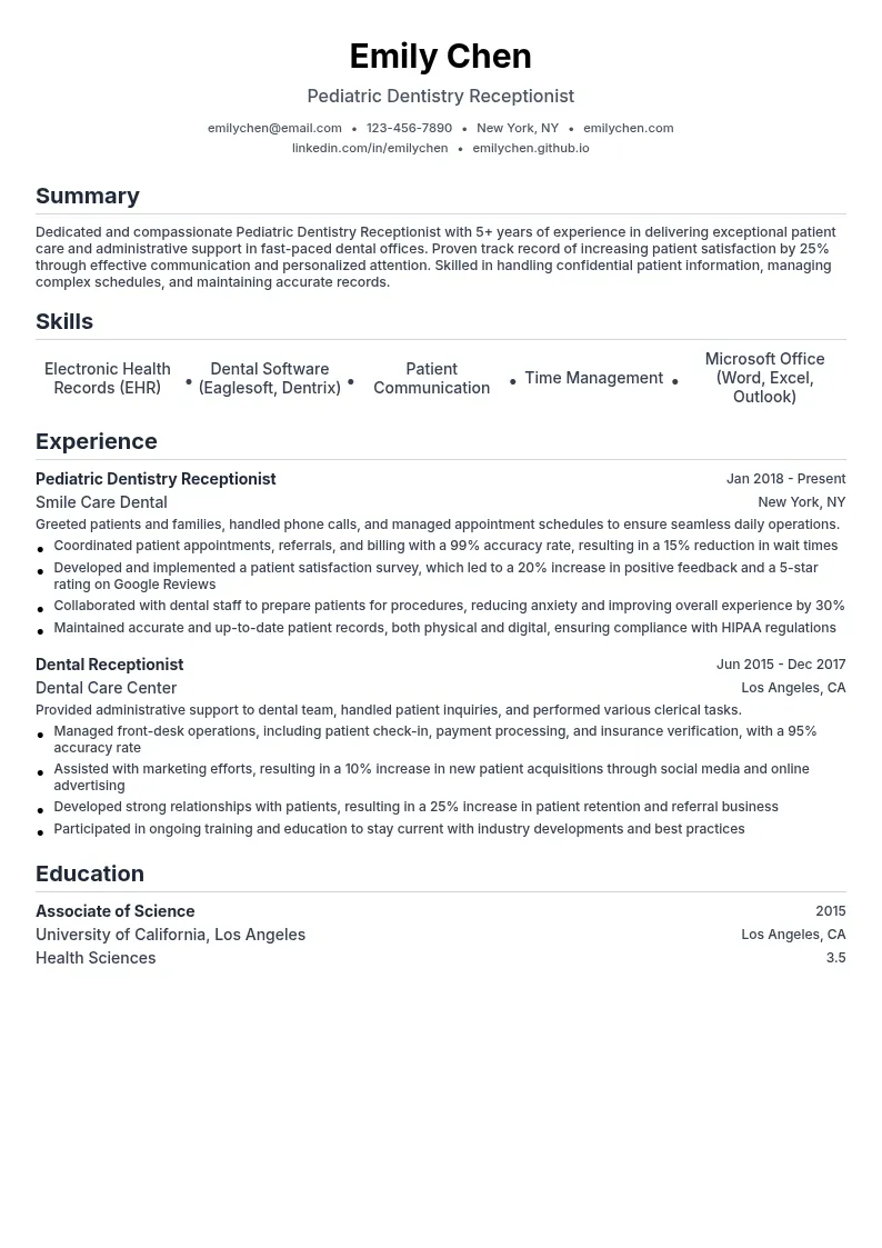 Pediatric Dentistry Receptionist resume example