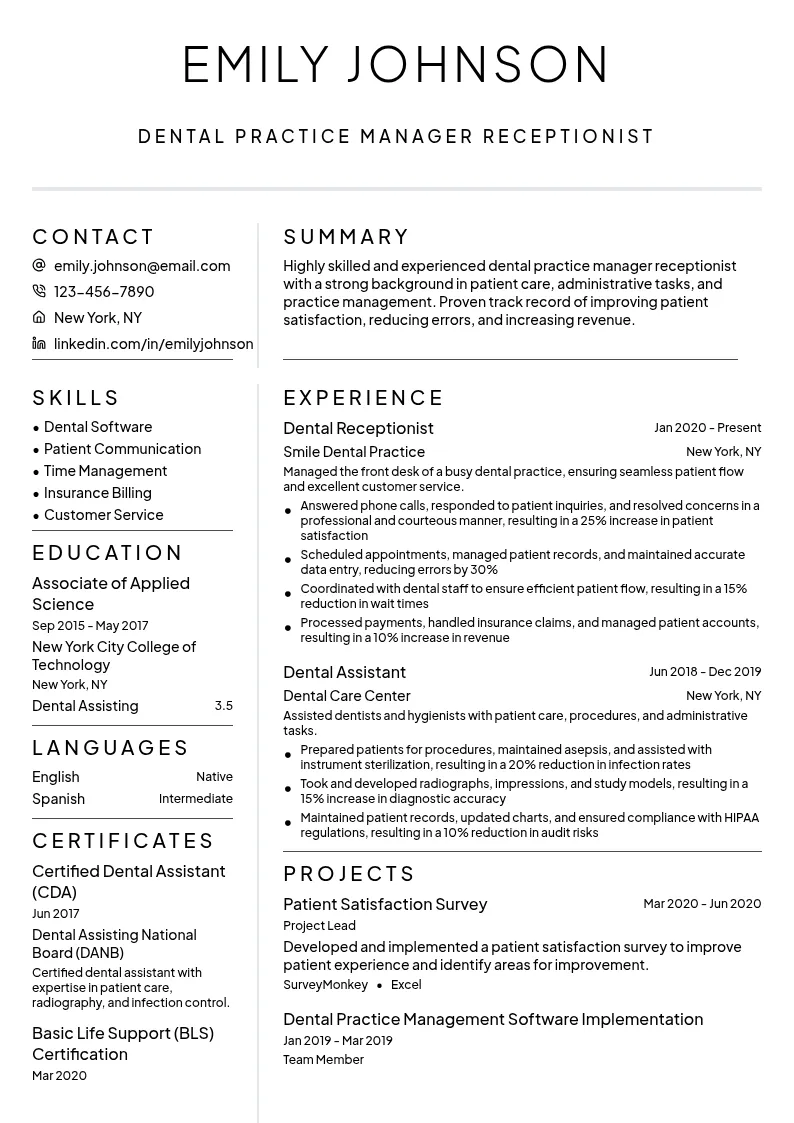 Dental Practice Manager Receptionist resume example