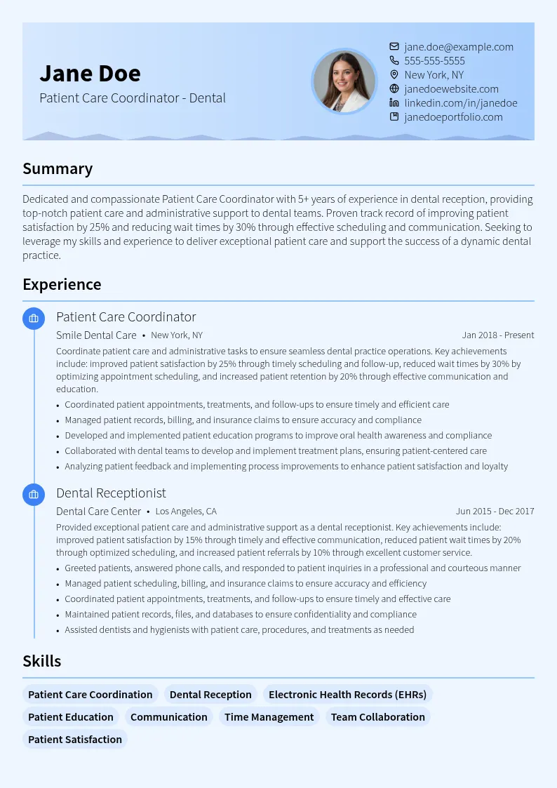 Patient Care Coordinator - Dental resume example