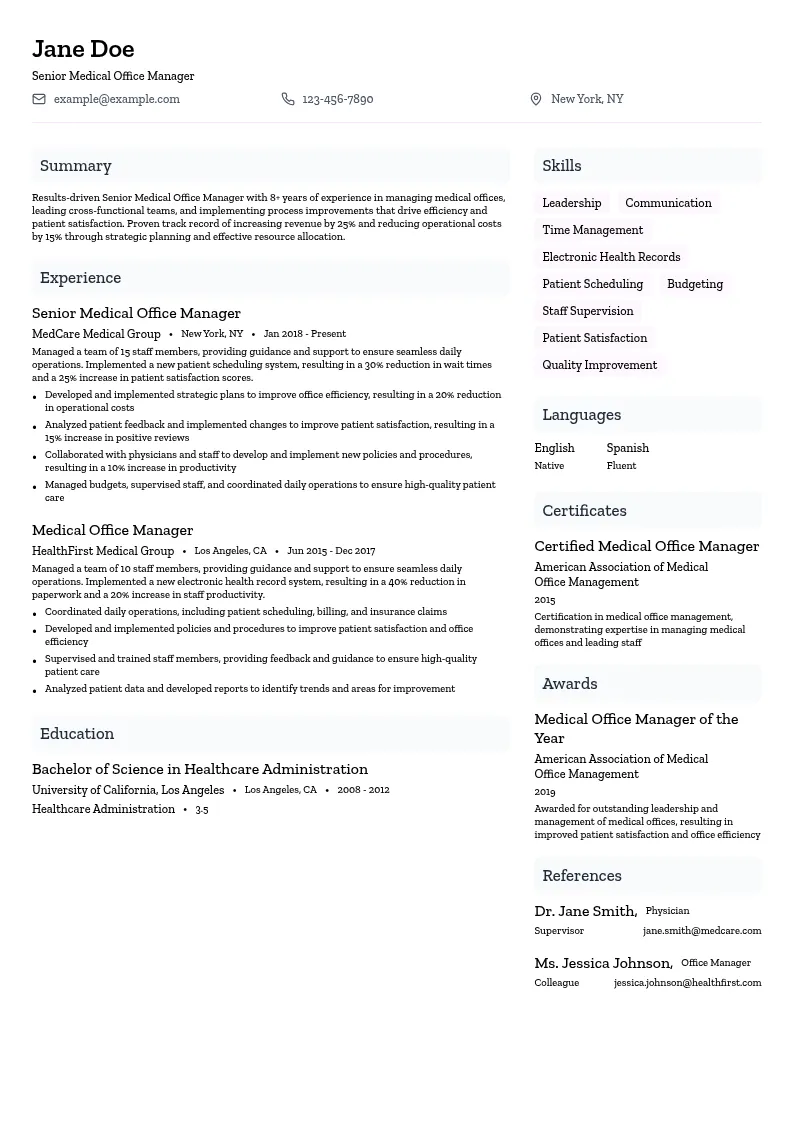 Senior Medical Office Manager resume example