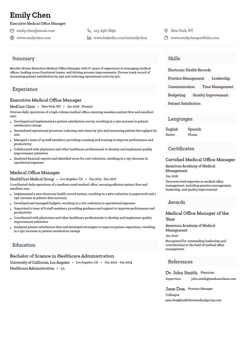 Executive Medical Office Manager resume example